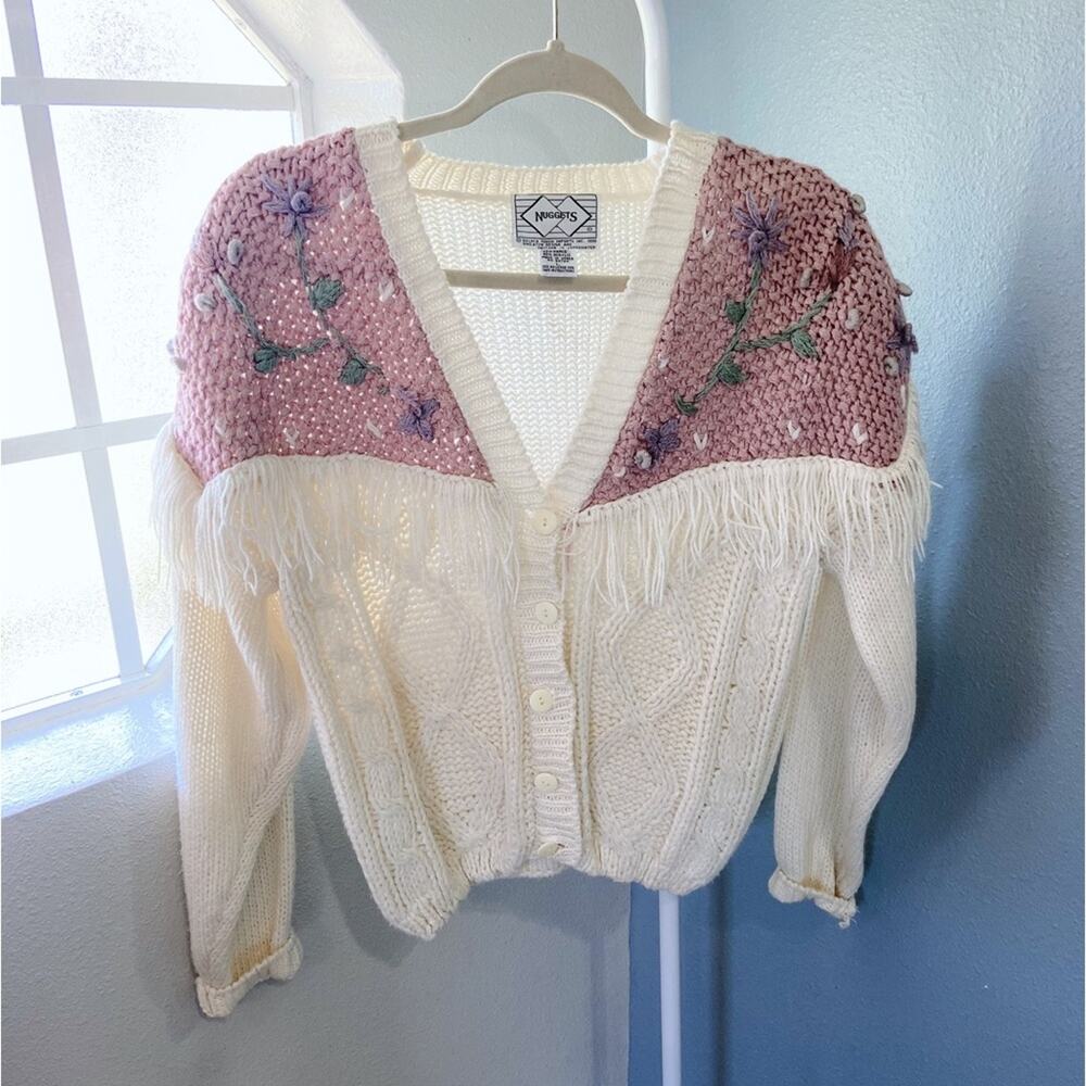 Vintage Cream with Pink Purple Floral Knit Sweater Cardigan Fringe - Picture 7 of 7